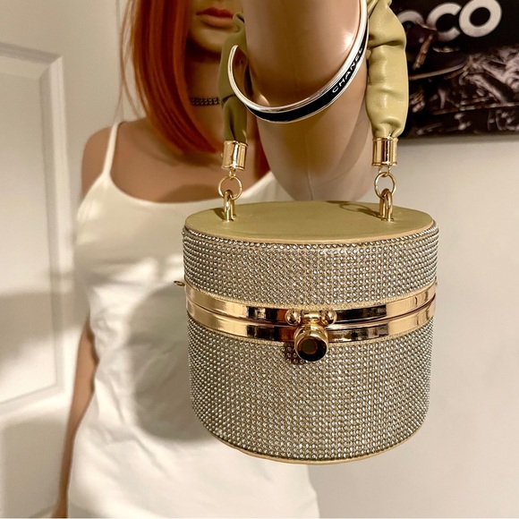 Sage Green Bucket Bag | Rhinestones, Sparkling, Evening Bag, Crossbody - Picture 1 of 11